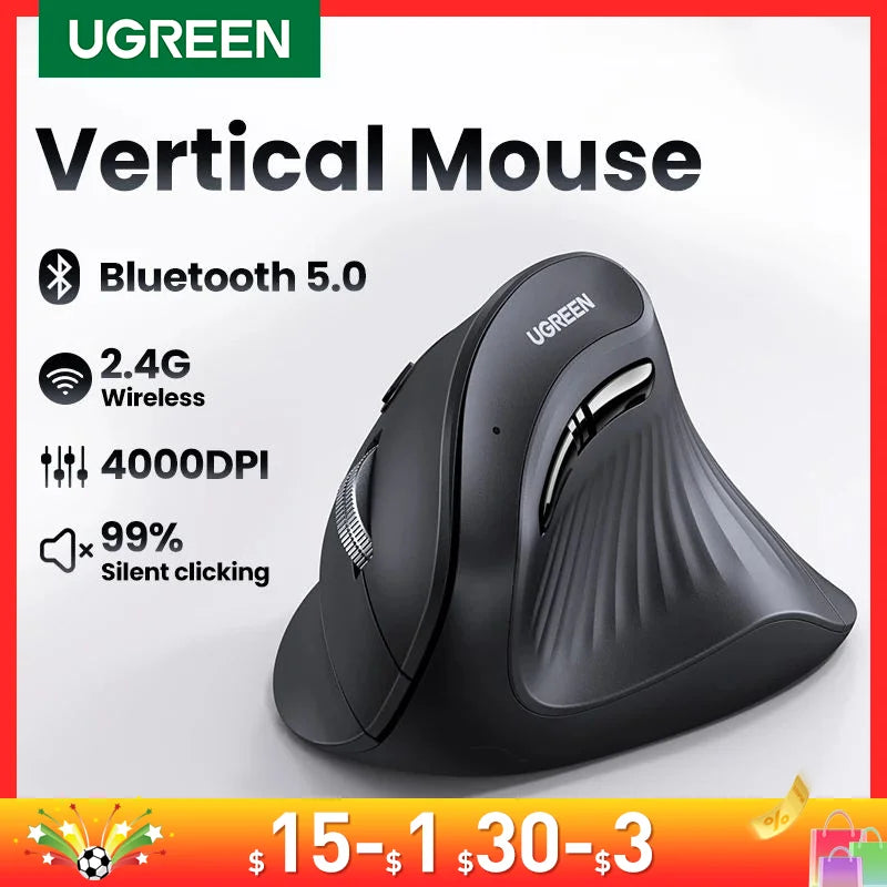 UGREEN Vertical Mouse Wireless Bluetooth5.0 2.4G Ergonomic 4000DPI 6 Mute Buttons for MacBook Tablet Laptops Computer PC Mice